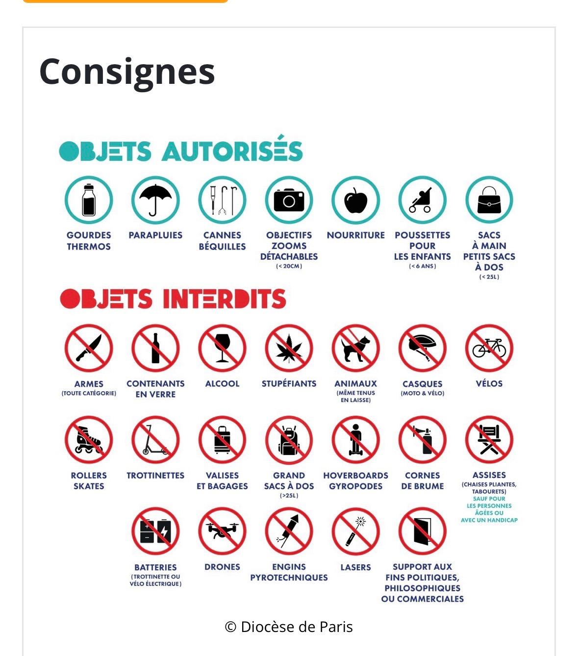Affiche officielle des objets autorisés et interdits pour la venue du pape